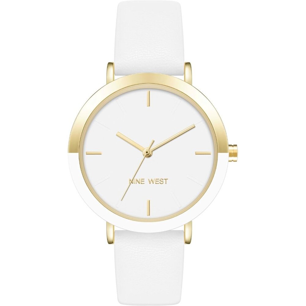 Women's Faux Leather Strap White/Gold Tone Buckle Closure Crystal Lens Watch